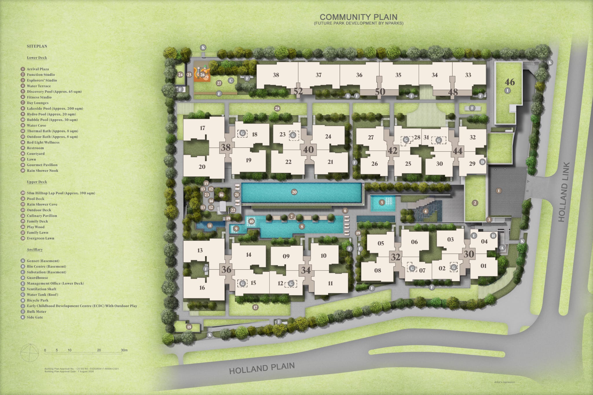 Amberwood at Holland site plan showing residential blocks, pools, facilities and the future Community Plain
